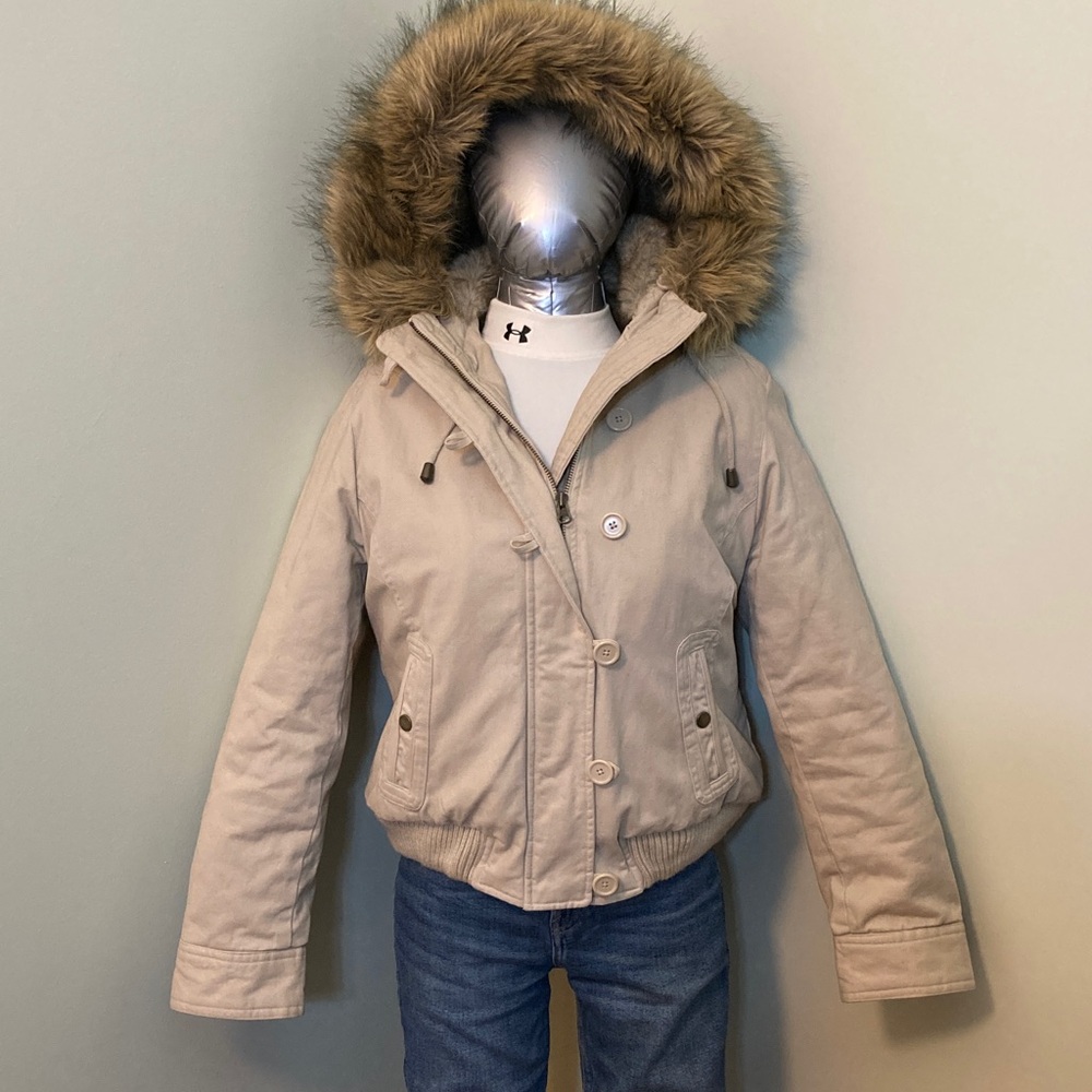 Joe Fresh Beige Bomber Jacket with Faux-Fur Hood